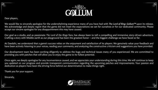 " El Señor de los Anillos: Gollum " equipo comparte disculpas